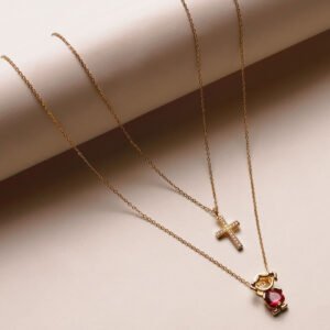 Elegant Layered Cross Ruby Doll Necklace